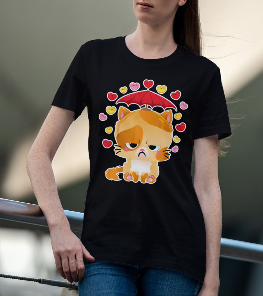 Sad Cat Under Umbrella With Raining Hearts Valentine's Day T-Shirt