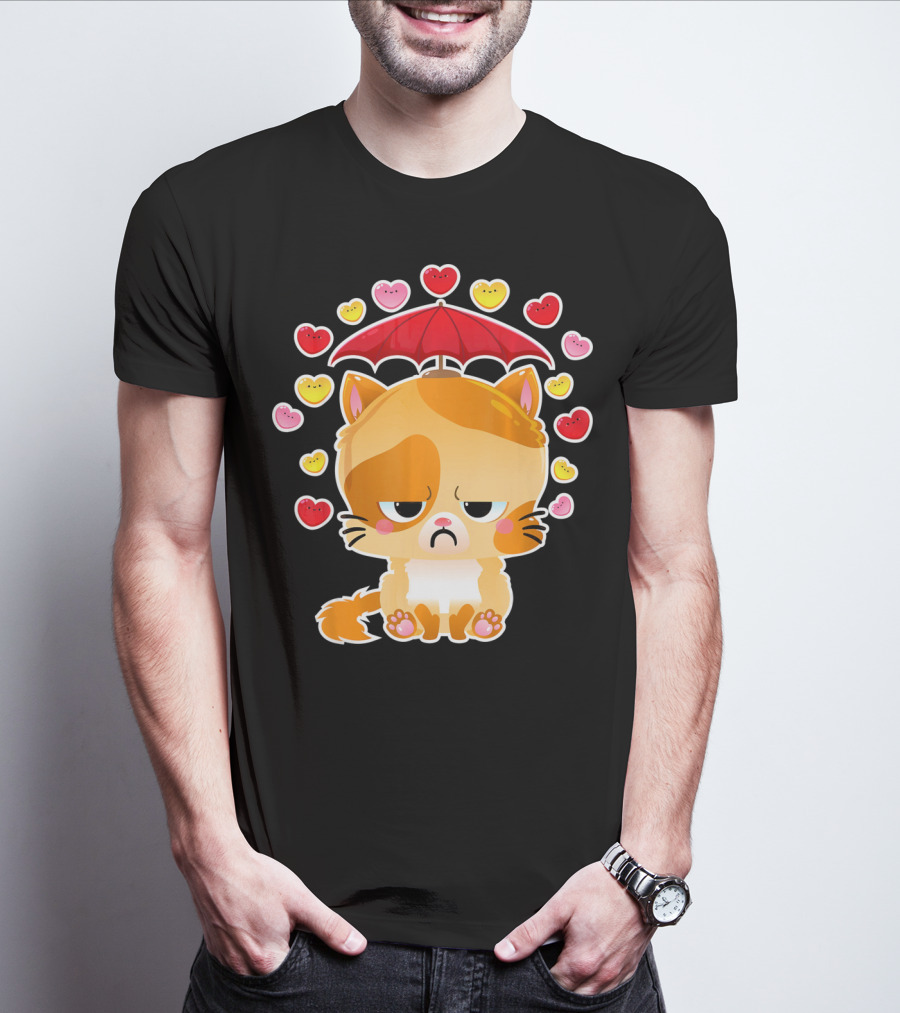 Sad Cat Under Umbrella With Raining Hearts Valentine's Day T-Shirt