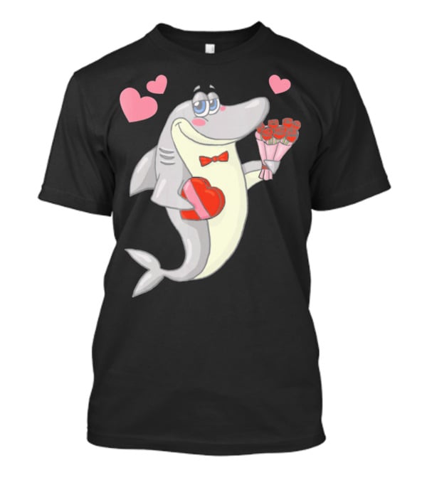 Shark Holding Heart Box And Bouquet With Hearts Valentine T-Shirt