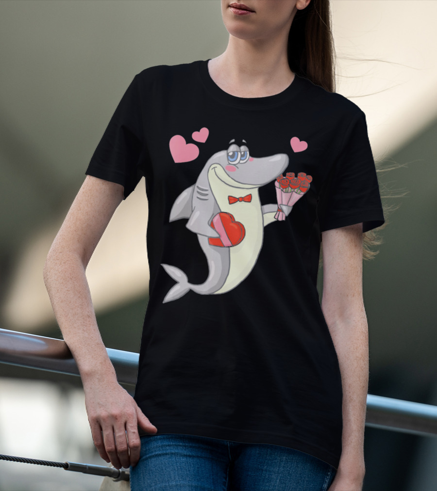 Shark Holding Heart Box And Bouquet With Hearts Valentine T-Shirt