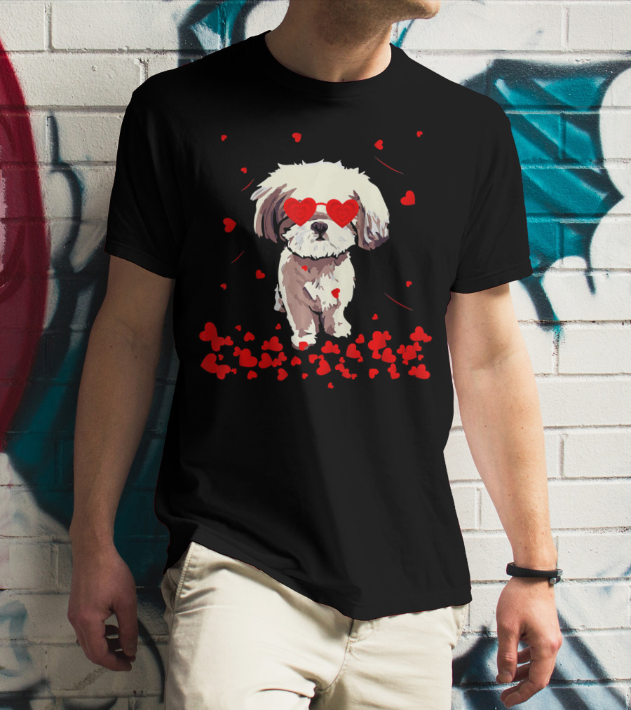 Shih Tzu Heart Valentines Day Dog With Heart Glasses Surrounded By Red Hearts T-Shirt