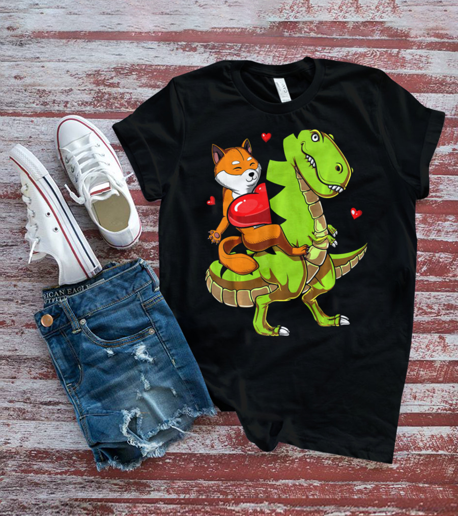 Shiba Inu Riding Green T-Rex Dinosaur With Red Hearts T-Shirt