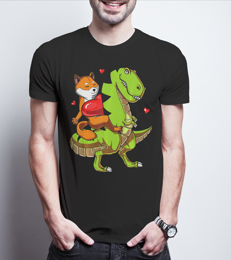 Shiba Inu Riding Green T-Rex Dinosaur With Red Hearts T-Shirt