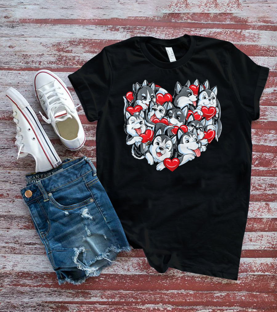 Siberian Husky Heart With Red Valentine Hearts T-Shirt