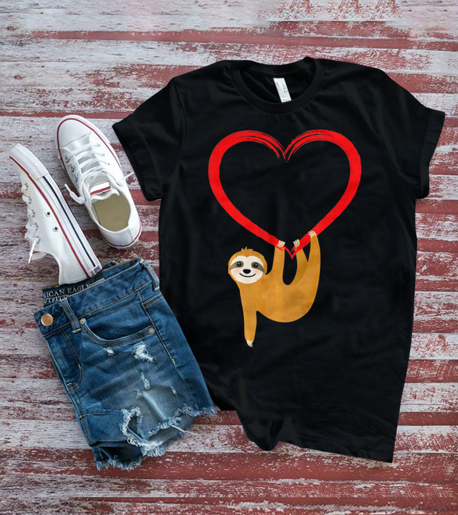 Valentines Day Sloth Hanging On Heart T-Shirt