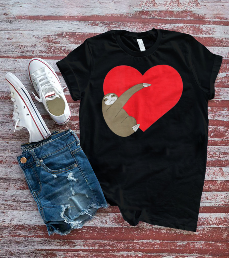 Sloth Hugging Heart Cute Pocket Va T-Shirt