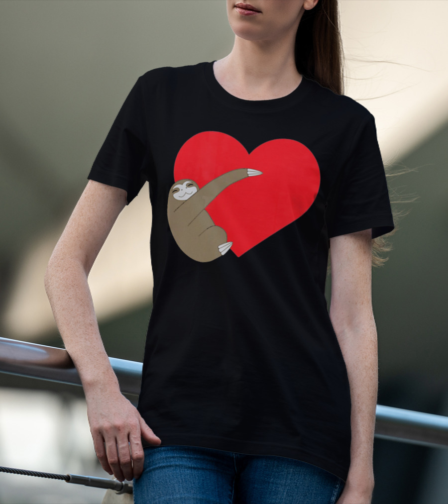 Sloth Hugging Heart Cute Pocket Va T-Shirt