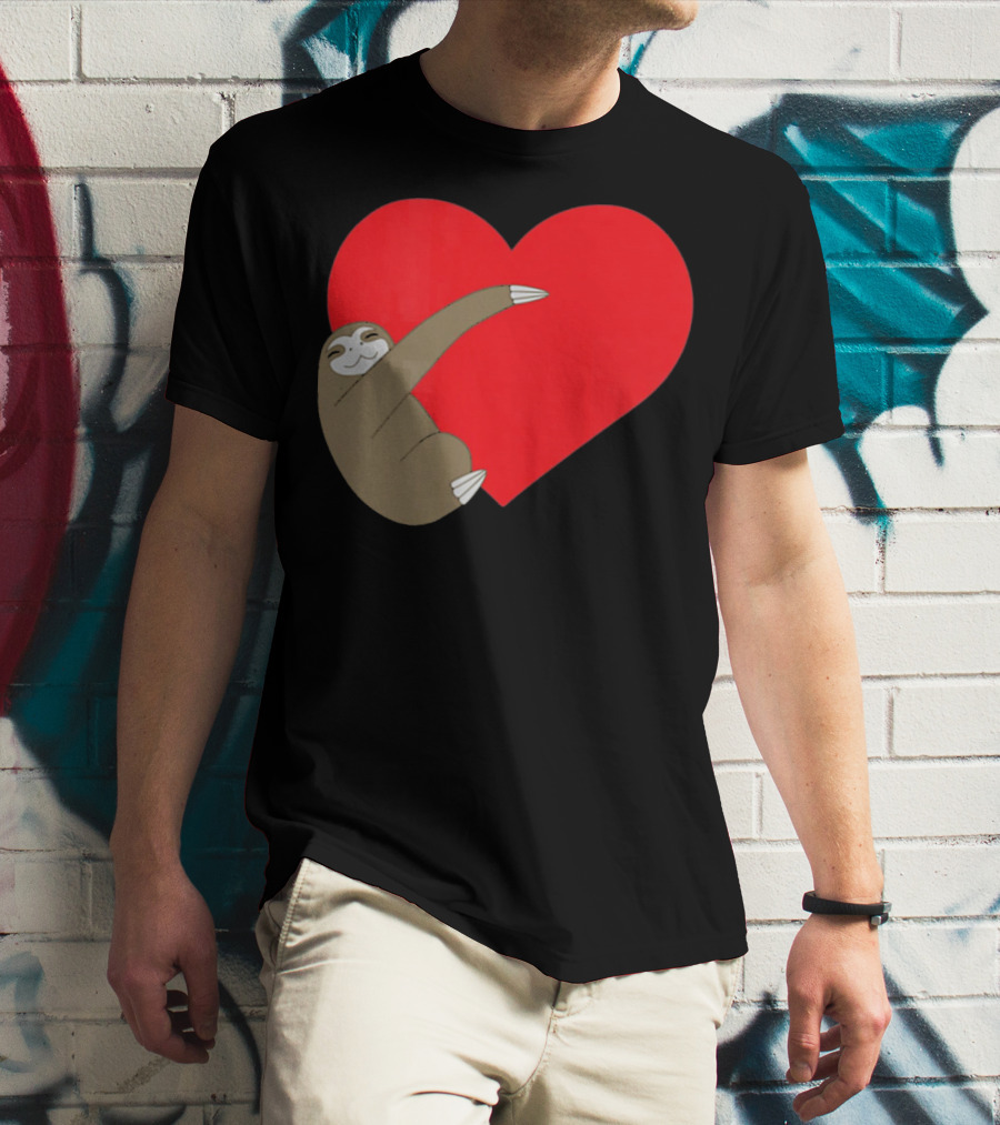 Sloth Hugging Heart Cute Pocket Va T-Shirt