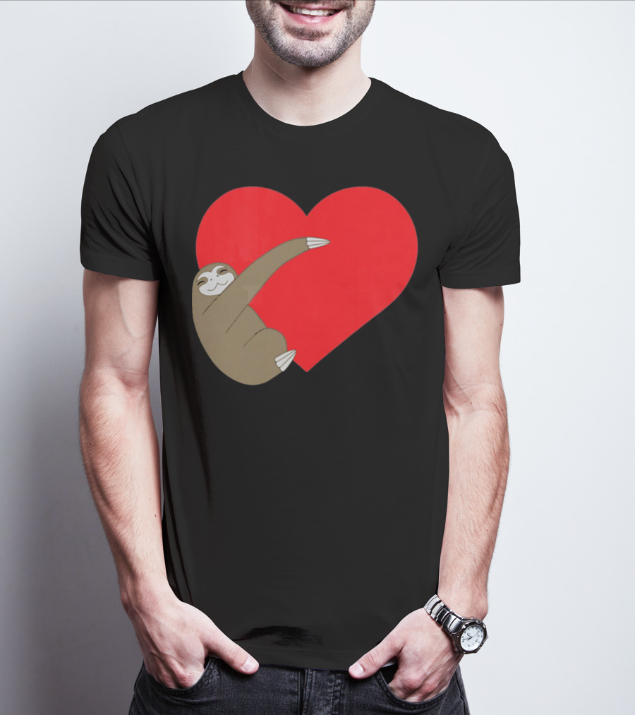Sloth Hugging Heart Cute Pocket Va T-Shirt