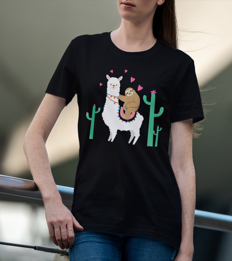 Sloth Riding Llama With Hearts And Cacti T-Shirt