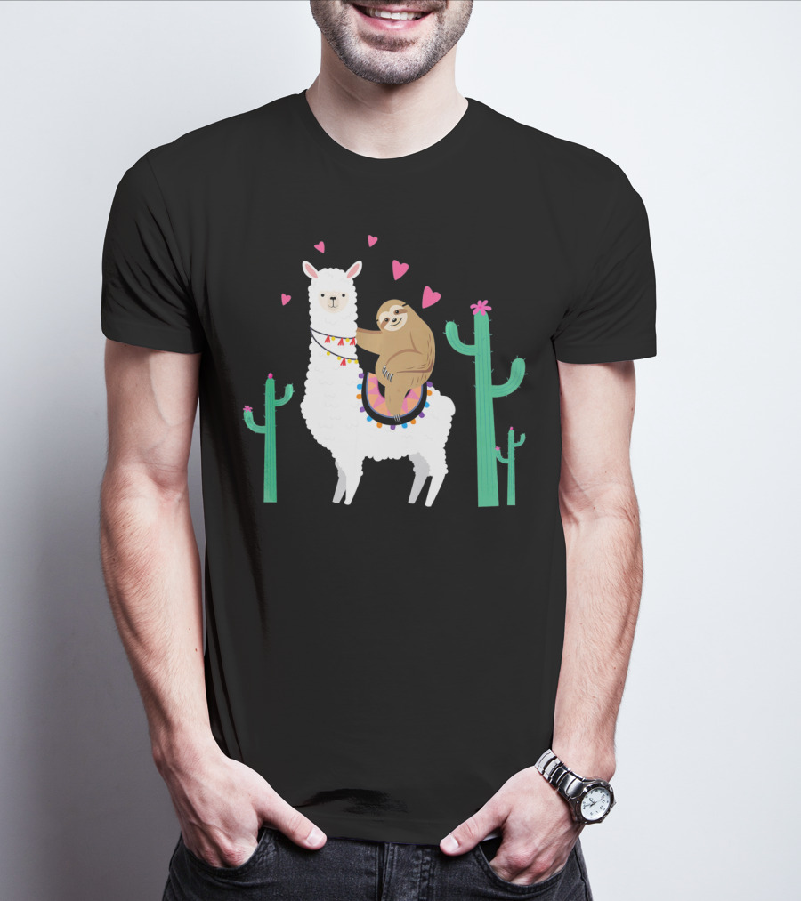 Sloth Riding Llama With Hearts And Cacti T-Shirt