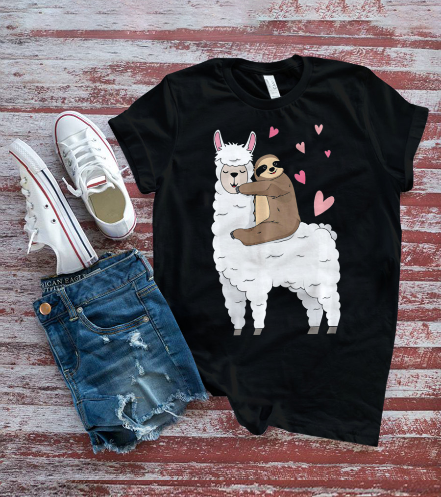 Sloth Riding Llama Cute Hearts Valentines Day T-Shirt