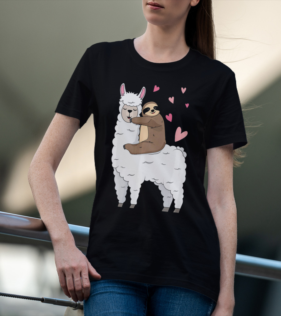 Sloth Riding Llama Cute Hearts Valentines Day T-Shirt