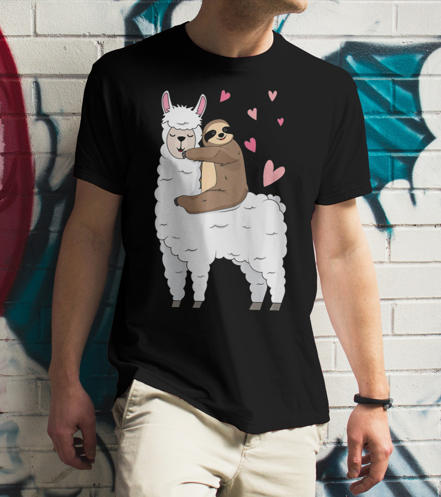 Sloth Riding Llama Cute Hearts Valentines Day T-Shirt