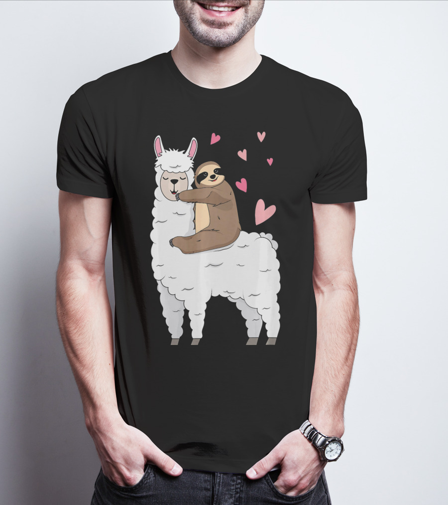 Sloth Riding Llama Cute Hearts Valentines Day T-Shirt