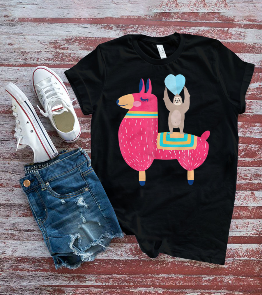 Sloth Riding Llama With Heart Balloon T-Shirt