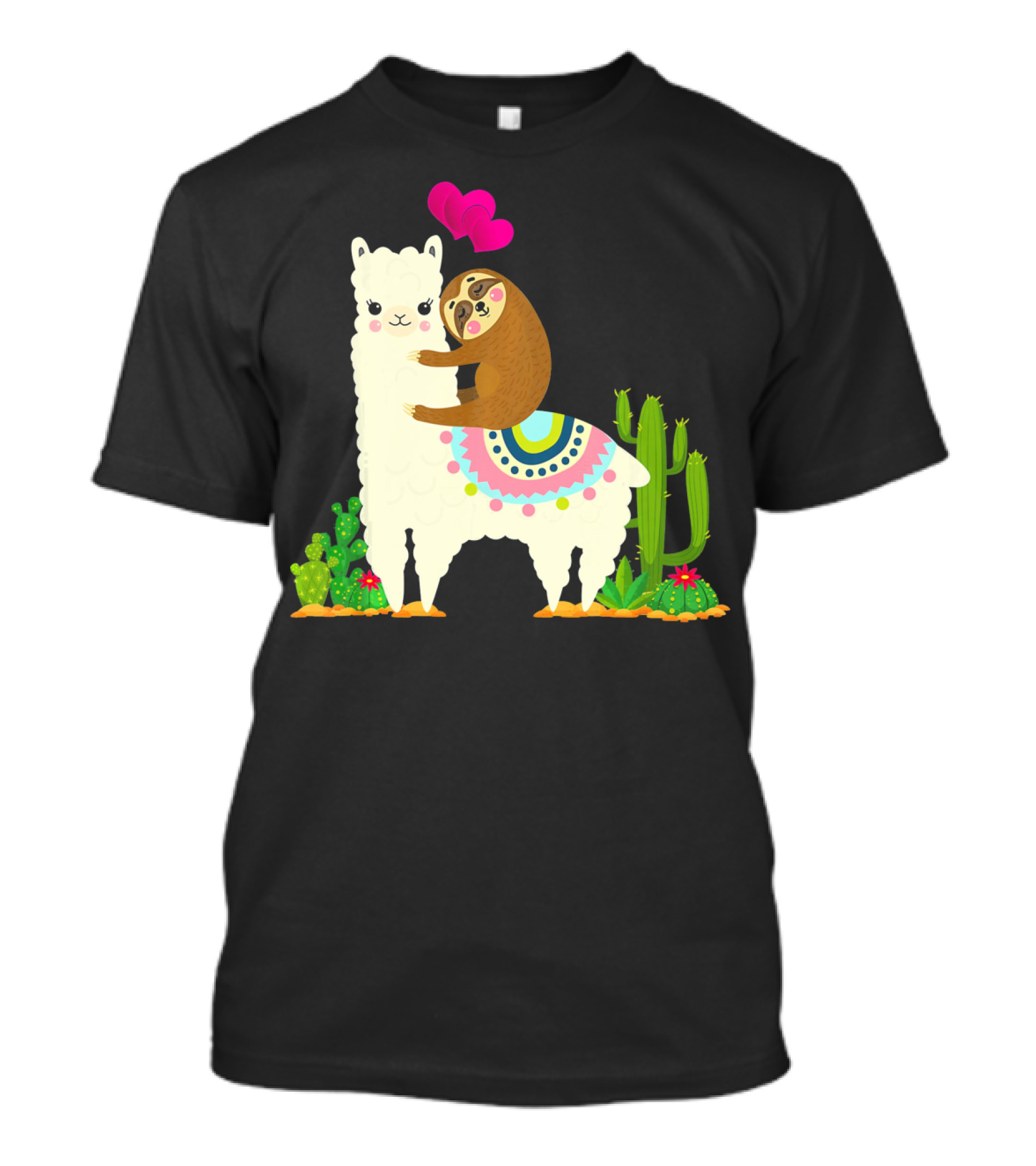Sloth Riding Llama With Pink Hearts And Cactus Funny Valentin T-Shirt
