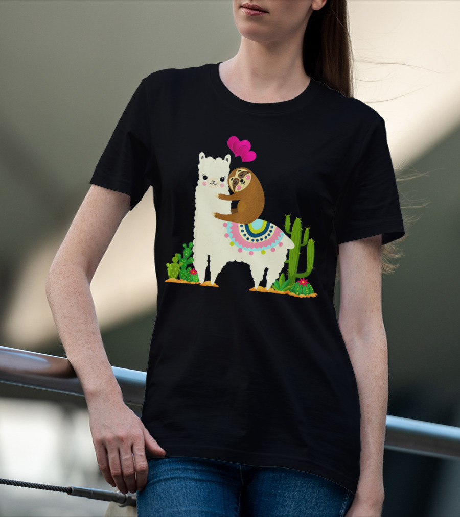 Sloth Riding Llama With Pink Hearts And Cactus Funny Valentin T-Shirt
