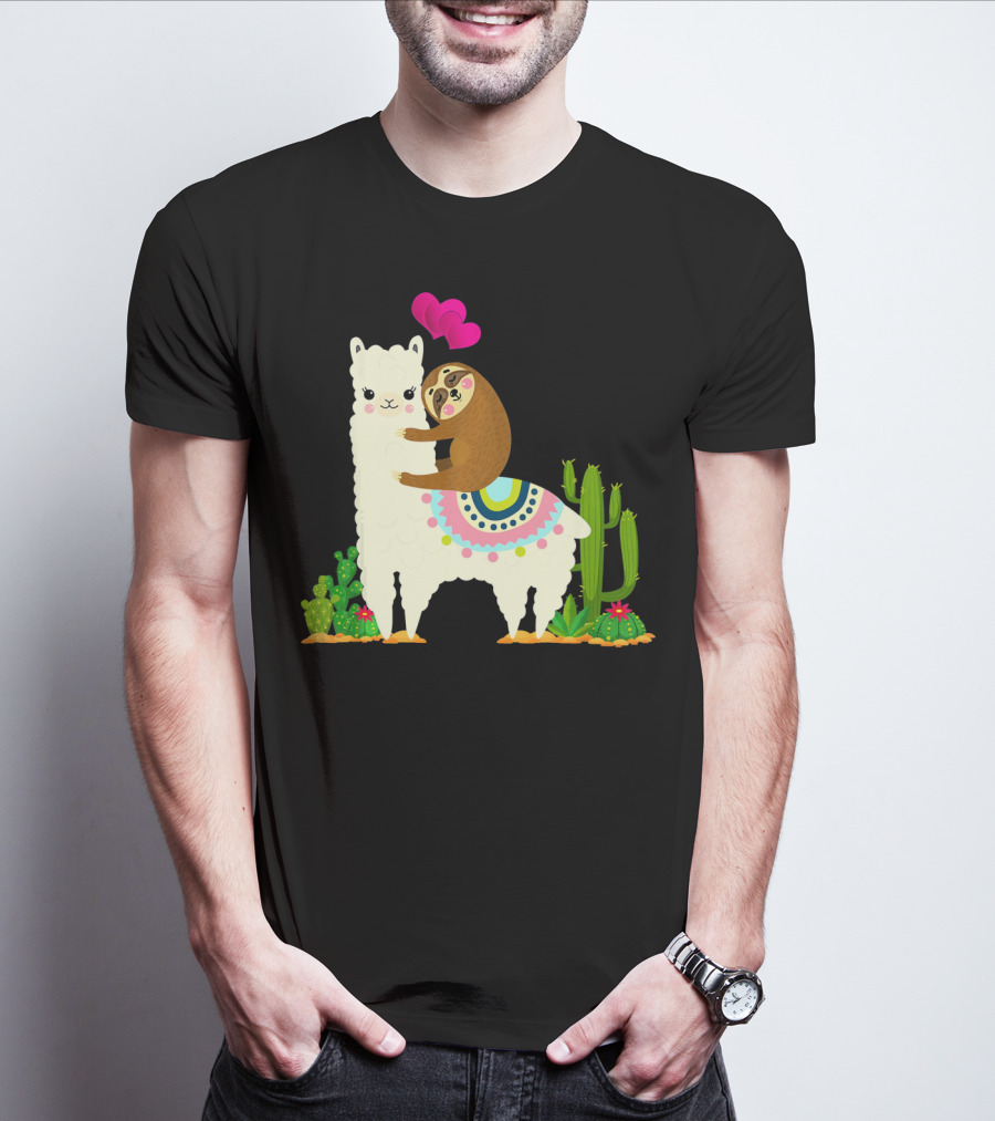 Sloth Riding Llama With Pink Hearts And Cactus Funny Valentin T-Shirt