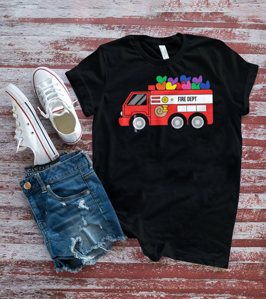Fire Dept Valentine Hearts Sloth Fire Truck T-Shirt