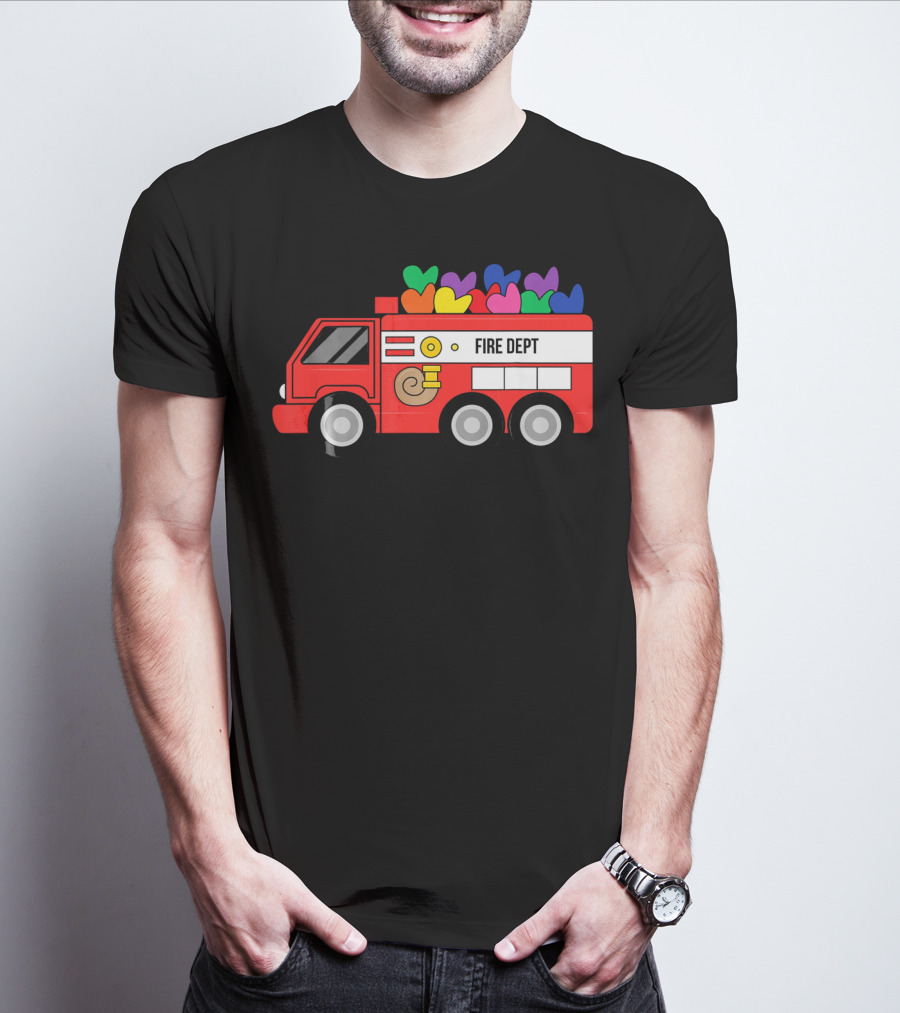 Fire Dept Valentine Hearts Sloth Fire Truck T-Shirt