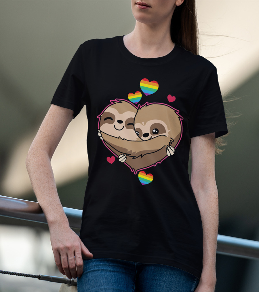 Valentines Day Sloth Heart With Rainbow Hearts T-Shirt