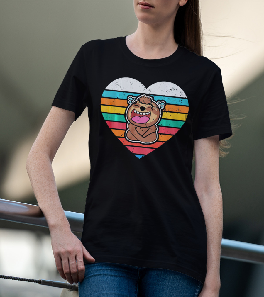 Retro Striped Laughing Sloth Heart Valentine's Day T-Shirt