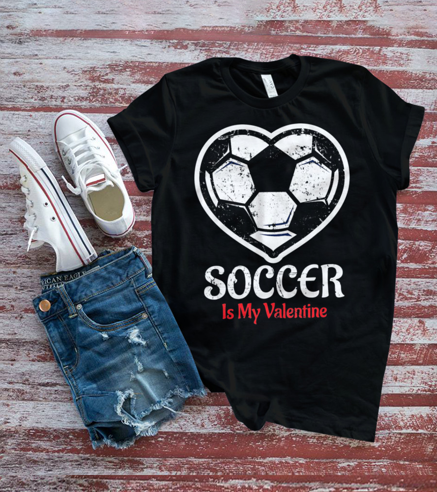 Soccer Is My Valentine Heart-Shaped Ball Kids Vday T-Shirt