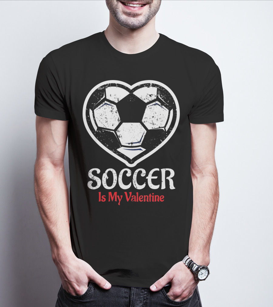 Soccer Is My Valentine Heart-Shaped Ball Kids Vday T-Shirt