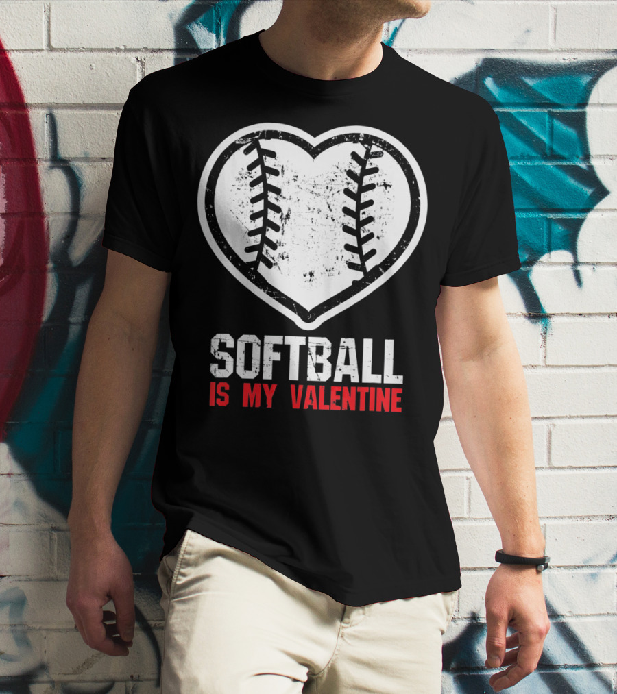 Softball Is My Valentine Heartball Stitching T-Shirt
