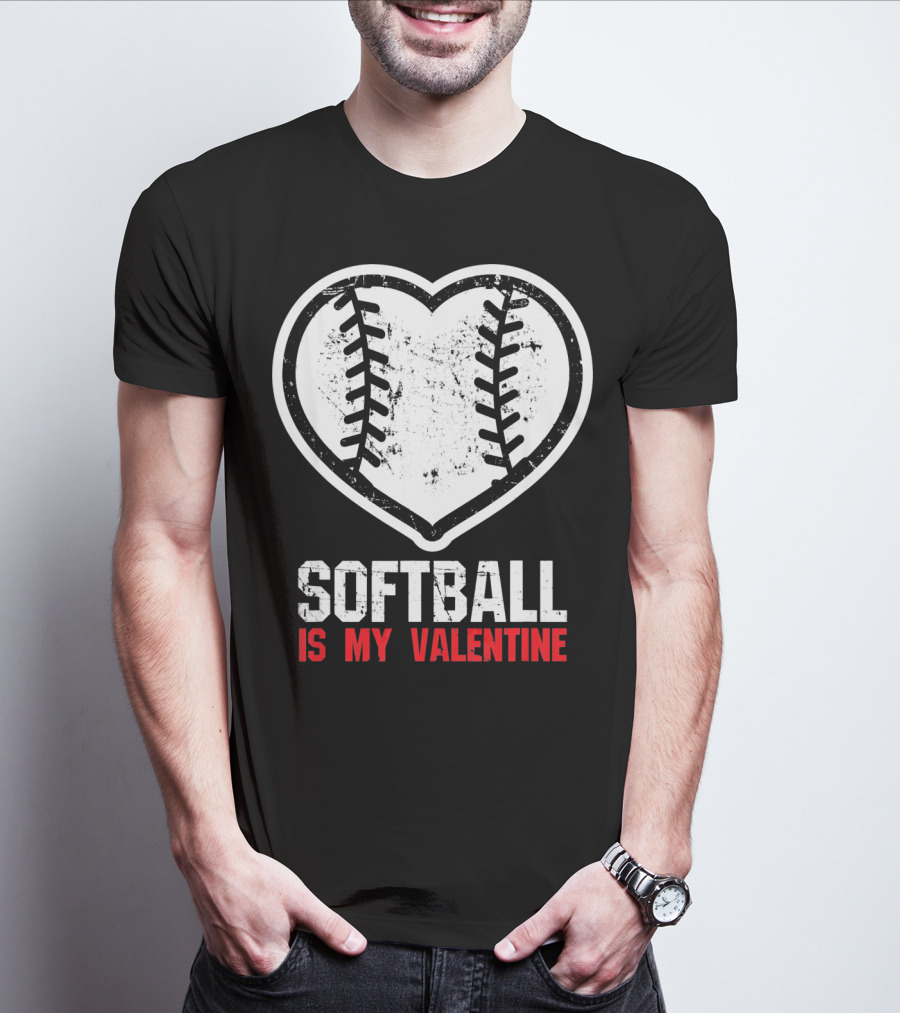 Softball Is My Valentine Heartball Stitching T-Shirt