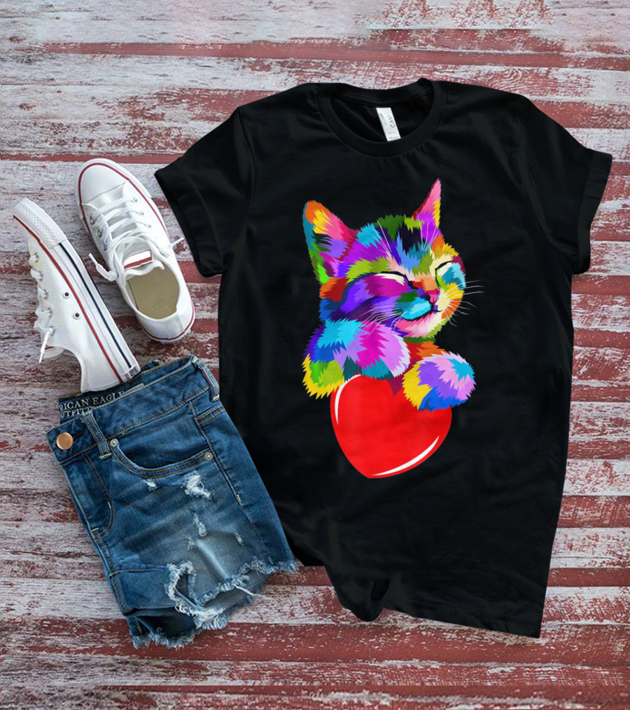 This Valentines My Cat Holds My Heart Colorful Kitten With Red Heart T-Shirt