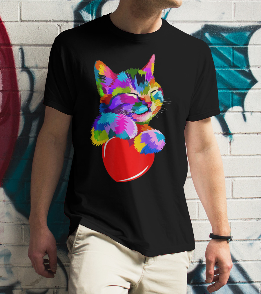 This Valentines My Cat Holds My Heart Colorful Kitten With Red Heart T-Shirt