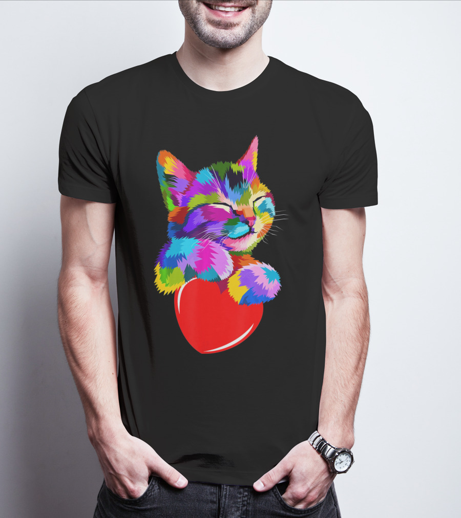 This Valentines My Cat Holds My Heart Colorful Kitten With Red Heart T-Shirt