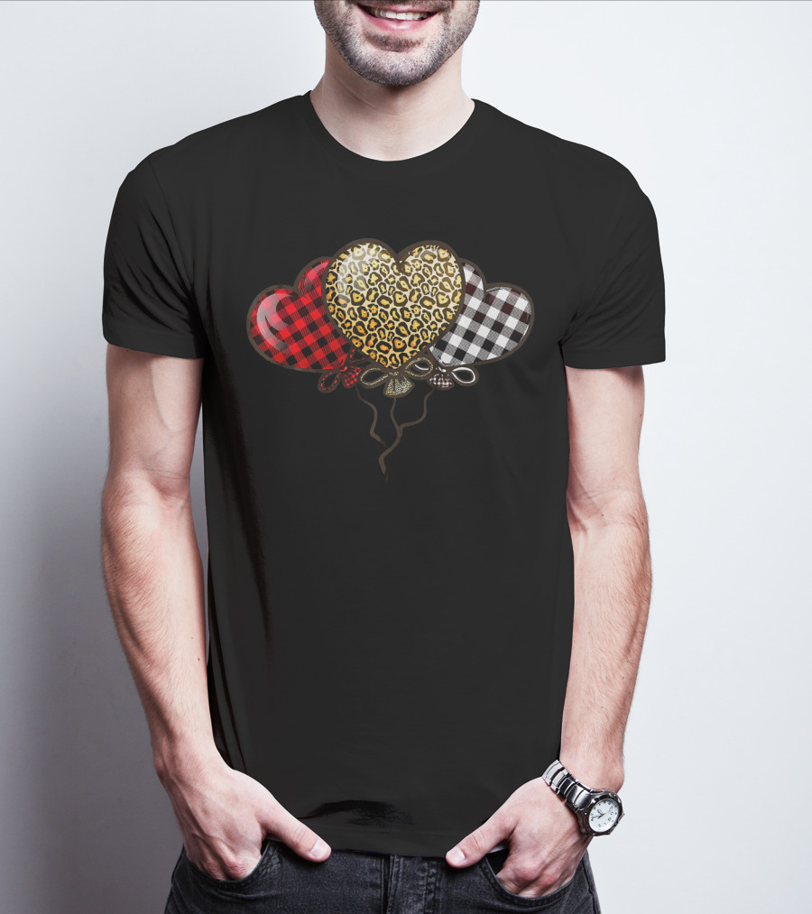 Three Balloons Hearts Buffalo Plaid Leopard T-Shirt