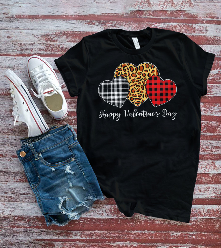 Happy Valentine's Day Three Hearts Leopard Buffalo Plaid T-Shirt