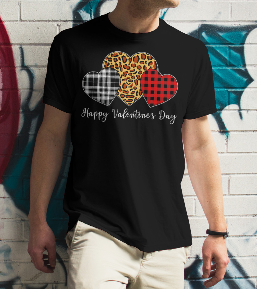 Happy Valentine's Day Three Hearts Leopard Buffalo Plaid T-Shirt