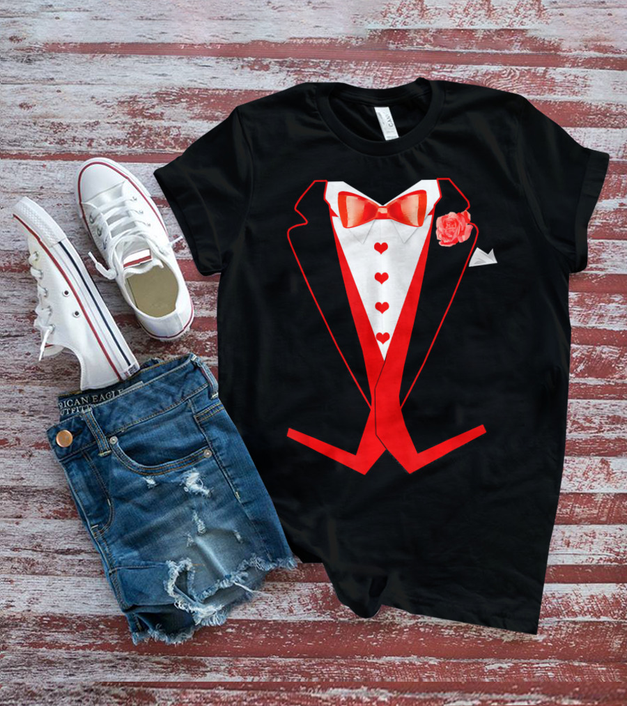 Tuxedo Red Hearts Cool Funny Valentines Bow Tie Rose T-Shirt