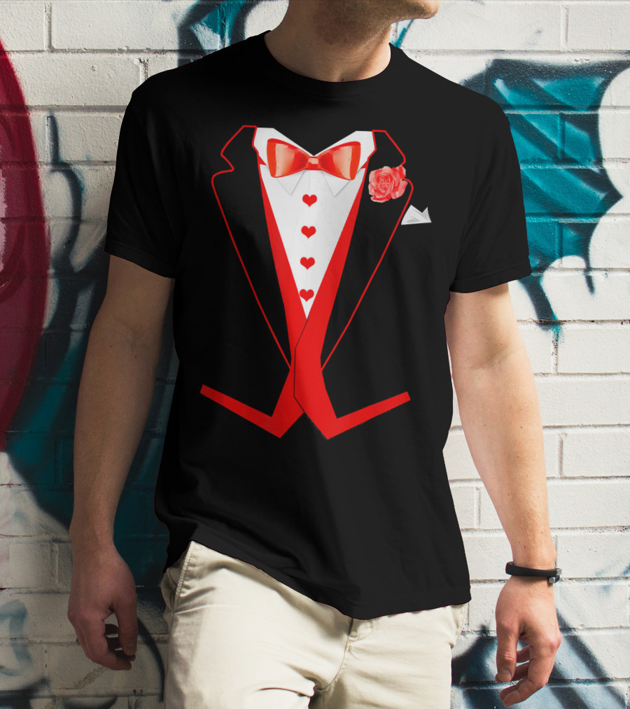 Tuxedo Red Hearts Cool Funny Valentines Bow Tie Rose T-Shirt