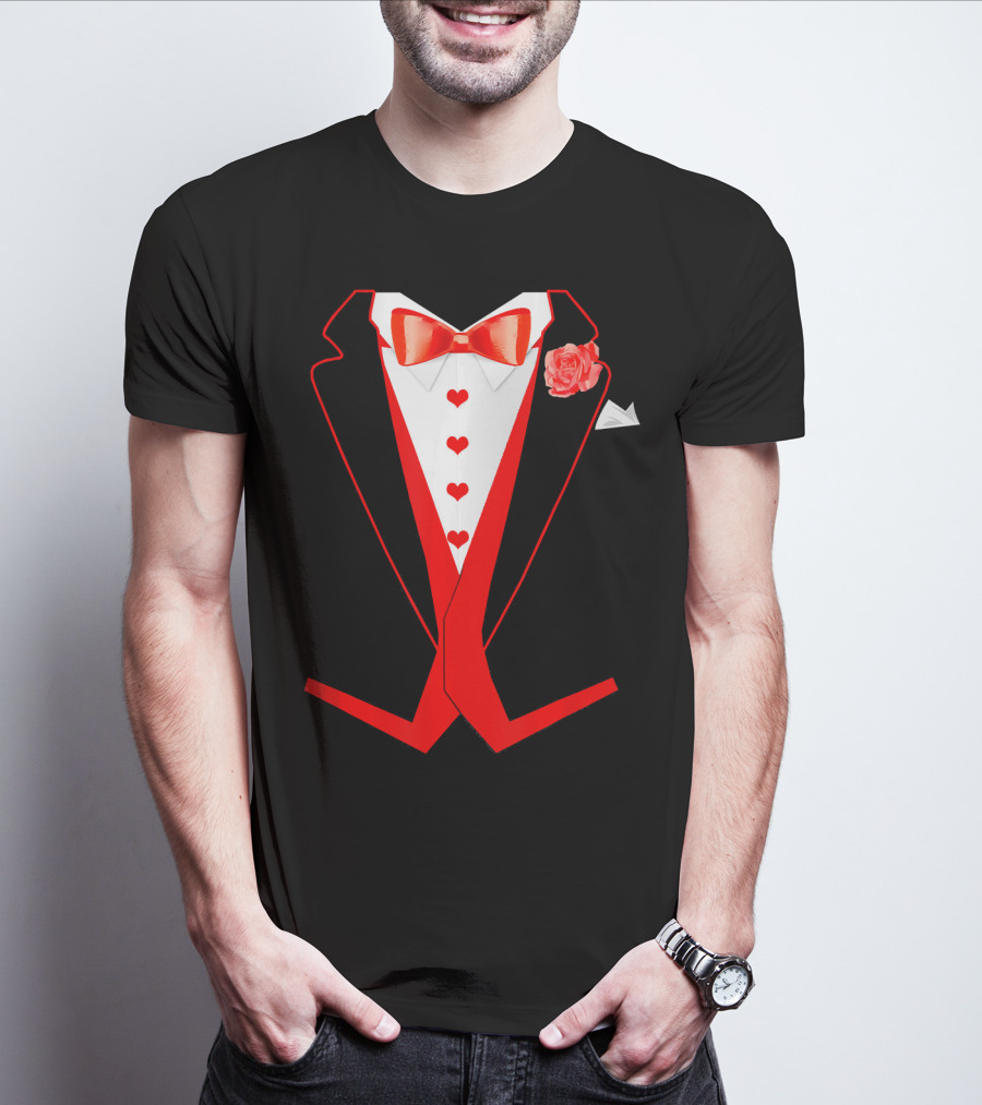 Tuxedo Red Hearts Cool Funny Valentines Bow Tie Rose T-Shirt