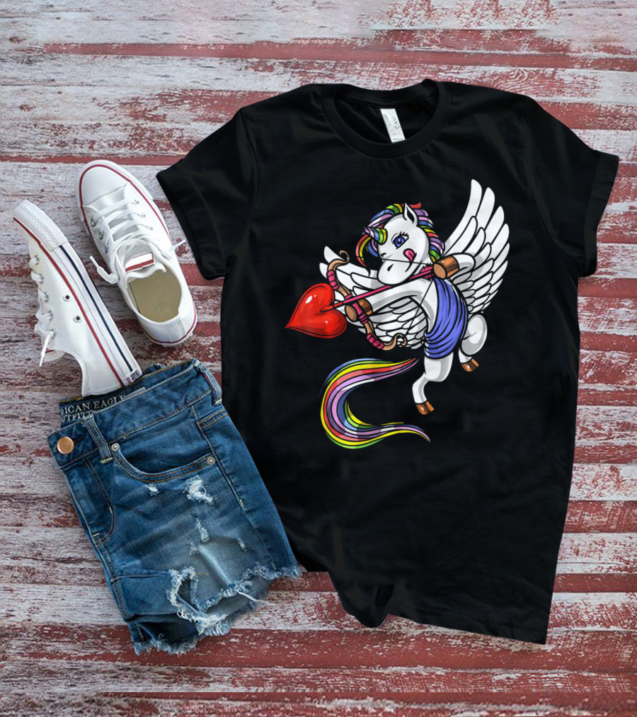 Unicorn Cupid Heart Valentines Day Rainbow Pegasus T-Shirt
