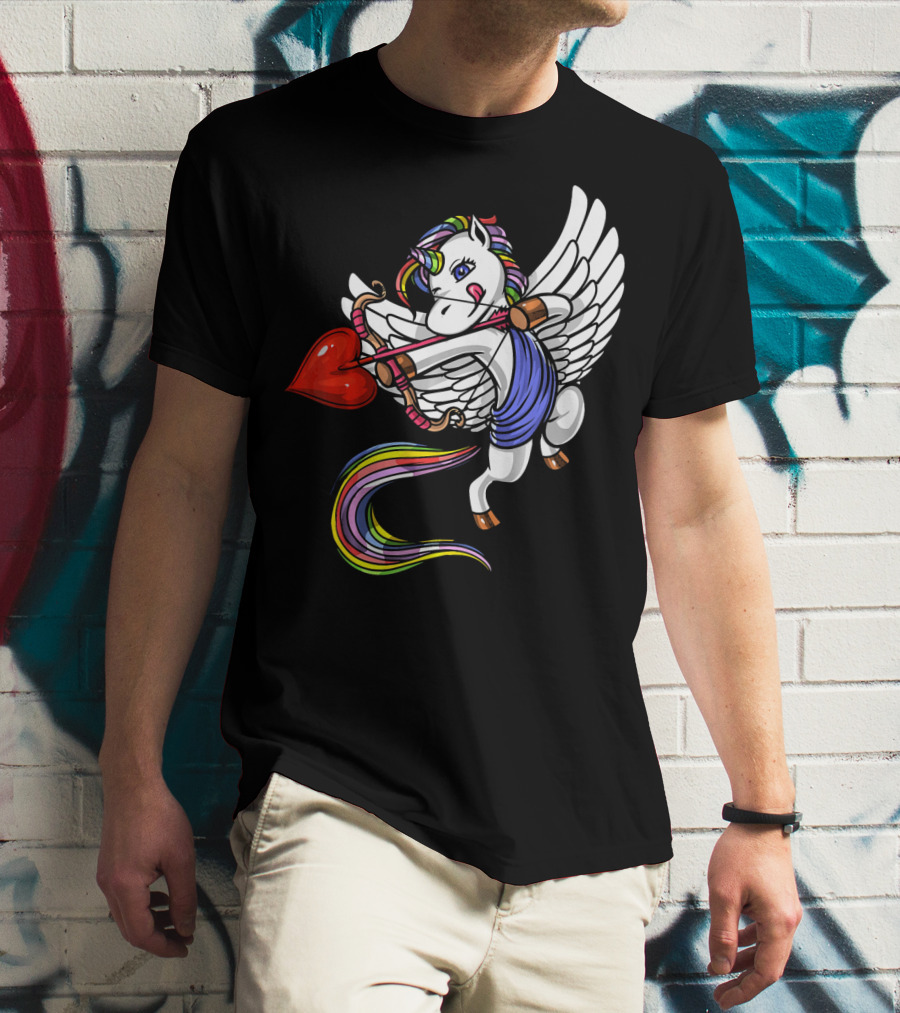 Unicorn Cupid Heart Valentines Day Rainbow Pegasus T-Shirt
