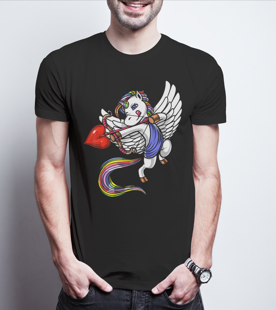 Unicorn Cupid Heart Valentines Day Rainbow Pegasus T-Shirt