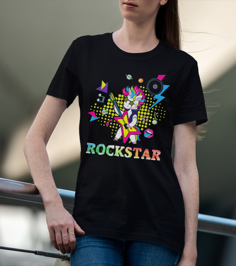 Unicorn Rock Star With Guitar Colorful Music Elements And Neon Symbols T-Shirt