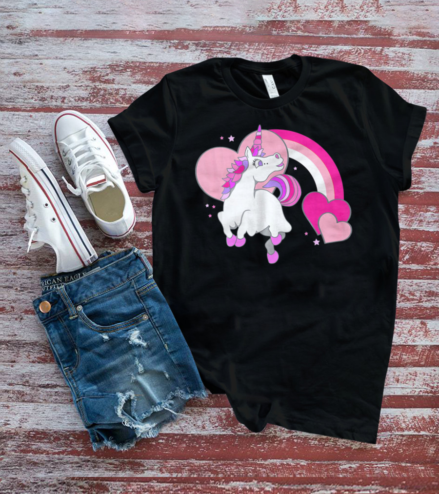 Unicorn Valentines Day Heart Rainbow Pink Stars T-Shirt