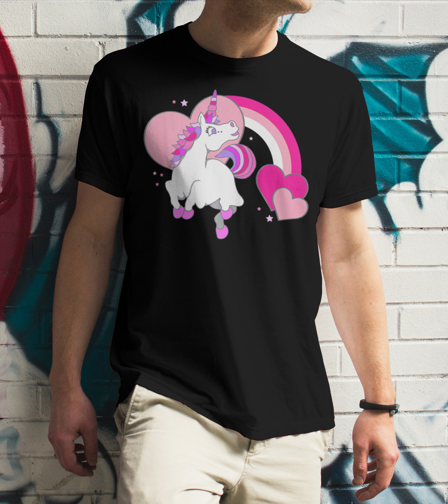 Unicorn Valentines Day Heart Rainbow Pink Stars T-Shirt