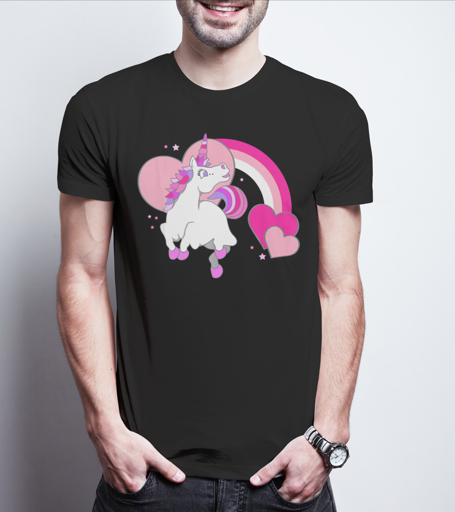 Unicorn Valentines Day Heart Rainbow Pink Stars T-Shirt