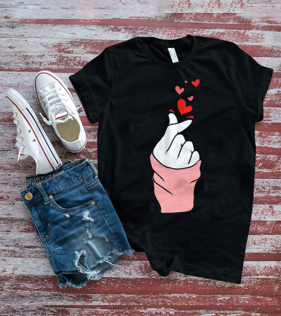 Korean Finger Heart Gesture With Floating Hearts For Valentine's Day T-Shirt