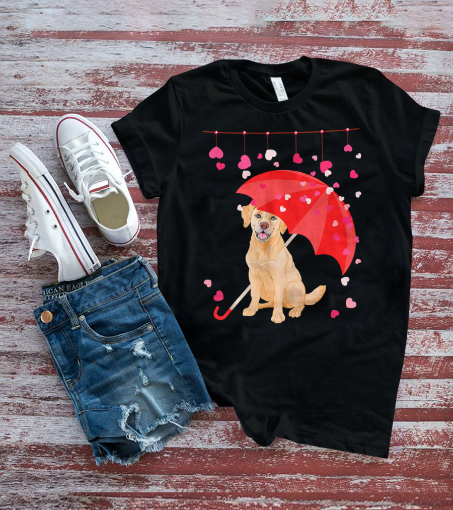 Labrador Retriever Under Umbrella With Falling Hearts Valentine's Day T-Shirt
