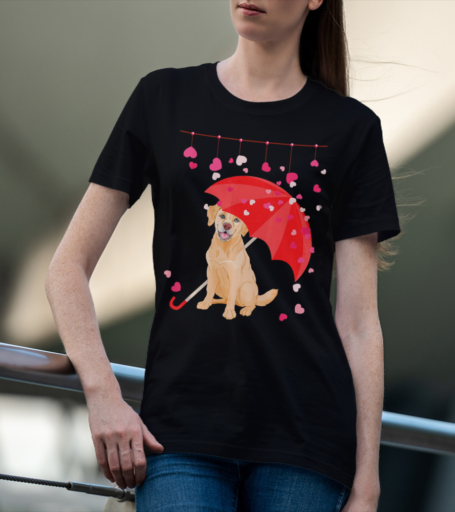 Labrador Retriever Under Umbrella With Falling Hearts Valentine's Day T-Shirt